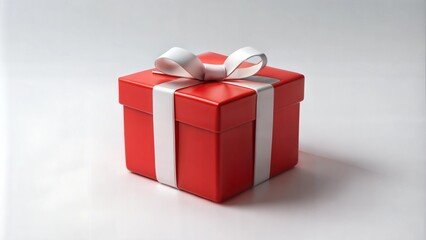 Fototapeta premium Single Red Gift Box with White Ribbon on White Background