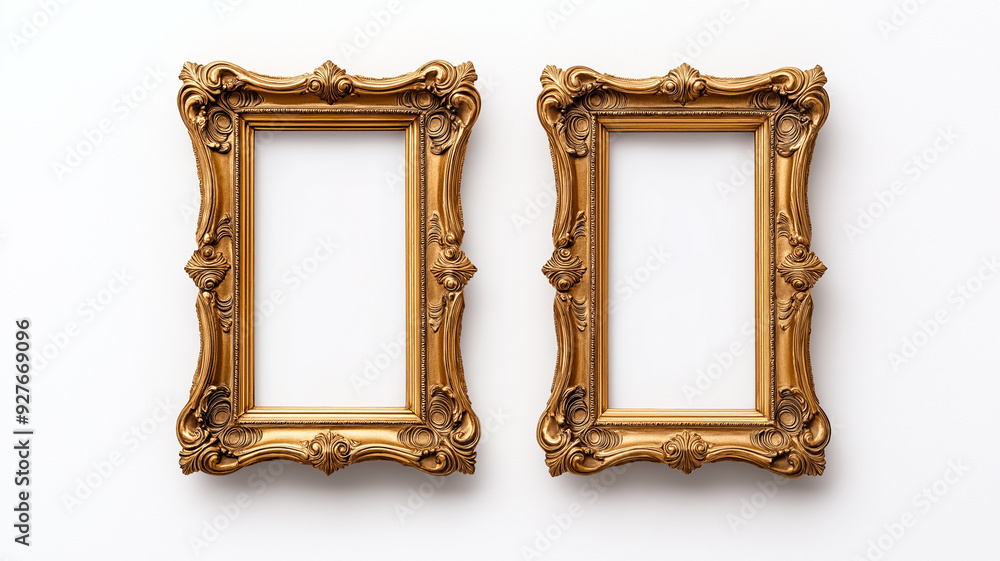 Aufkleber wide angle shot of a pair of matching ornate picture frames with baroque style gold detailing isolat