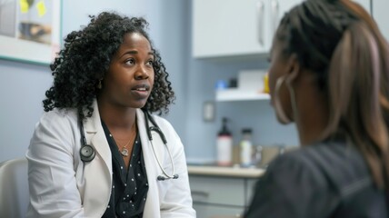 Fototapeta premium A focused doctor with a stethoscope listens attentively to a patient during a medical consultation,