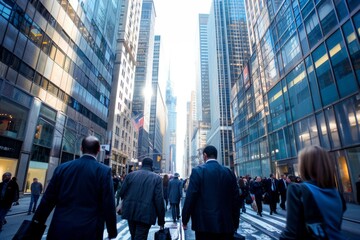 A crowd of pedestrians navigating a busy city street, showcasing the dynamic atmosphere of urban life and commerce, A busy street with skyscrapers and people in business attire. AI generated