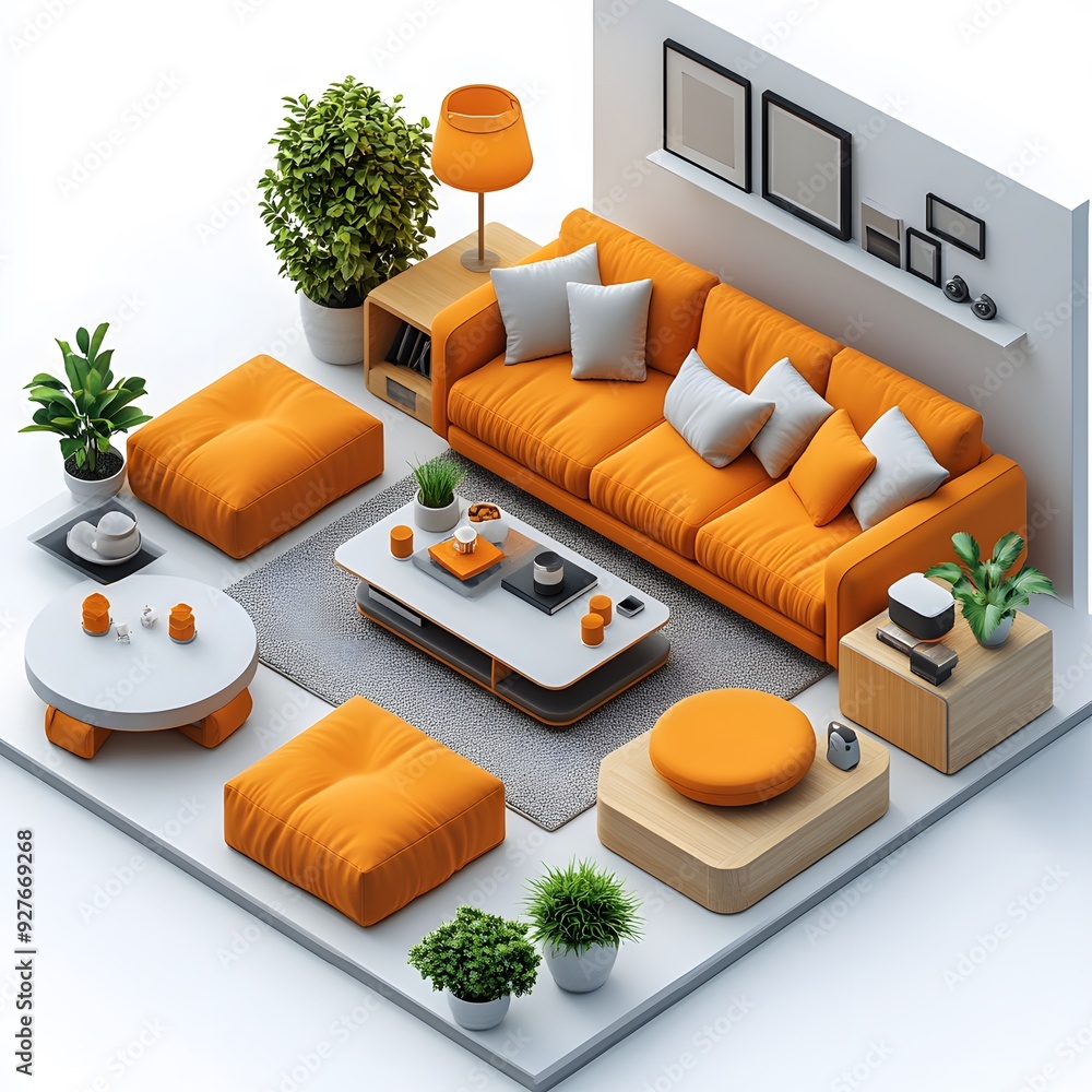 Poster isometric 3d cartoon rendering of a modern sofa and tables set, positioned on a white background to 