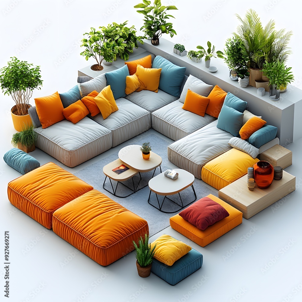 Poster isometric 3d cartoon rendering of a modern sofa and tables set, positioned on a white background to 