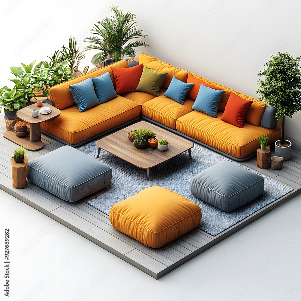 Poster minimalist white background with a 3d isometric cartoon rendering of a modern sofa and tables, showc
