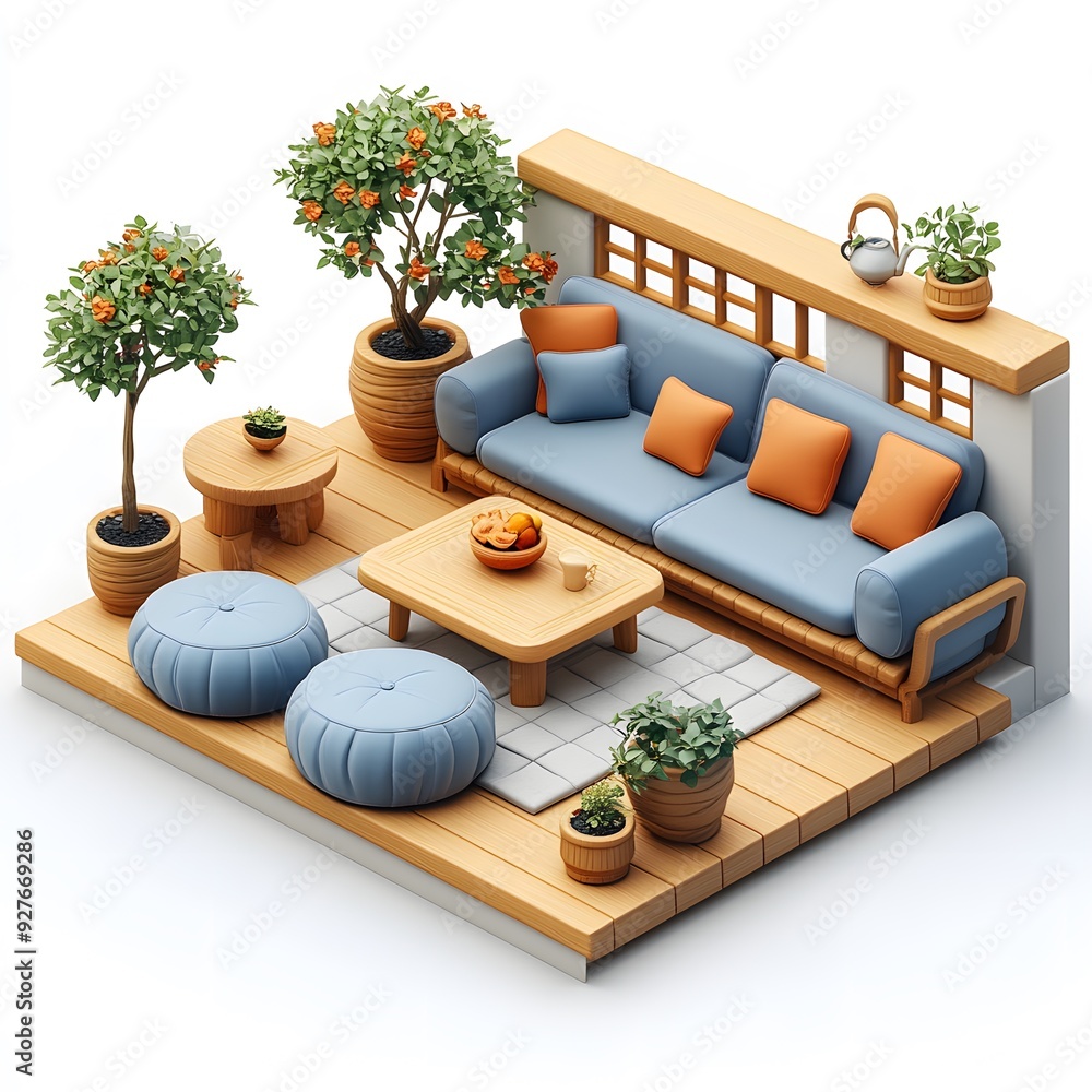 Poster minimalist white background with a 3d isometric cartoon rendering of a modern sofa and tables, showc