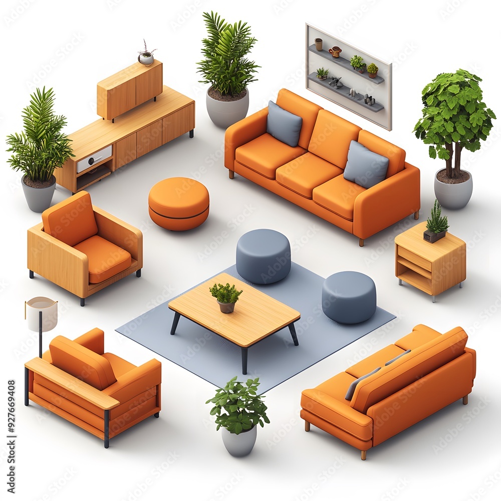 Poster modern furniture set with a 3d isometric cartoon rendering of a sofa and tables, designed for a clea