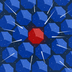 A special person under a red umbrella among a crowd of ordinary people under blue umbrellas during the rain in a minimalist style, top view