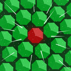 A special person under a red umbrella among a crowd of ordinary people under green umbrellas during the rain in a minimalist style, top view