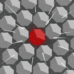 A special person under a red umbrella among a crowd of ordinary people under grey umbrellas during the rain in a minimalist style, top view