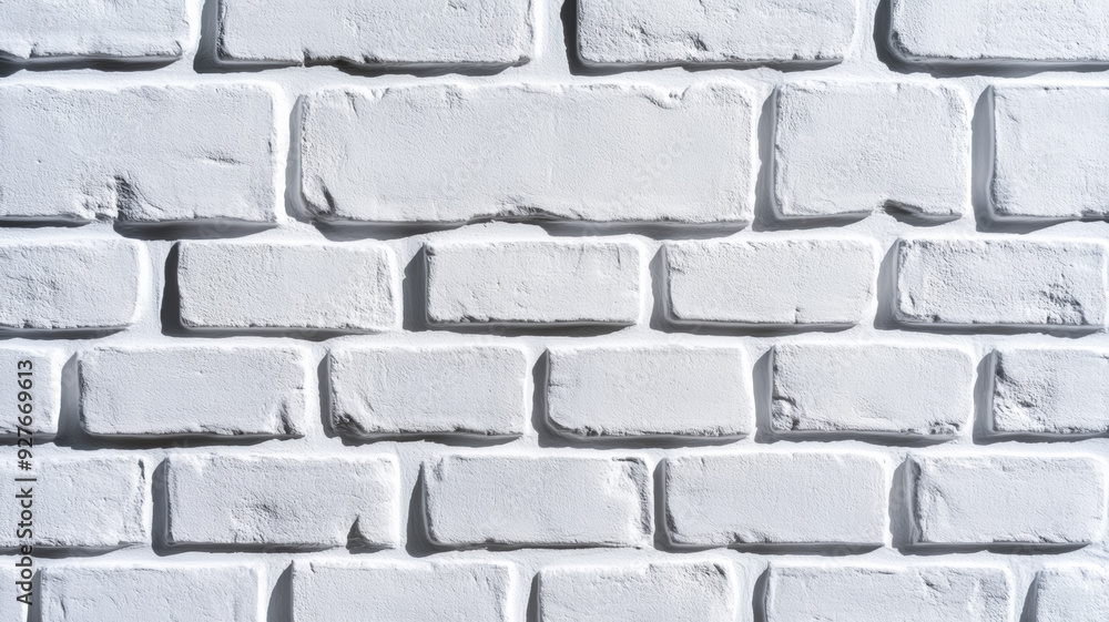 Poster wide shot of a painted brick wall in crisp white with textured bricks and slight surface irregularit