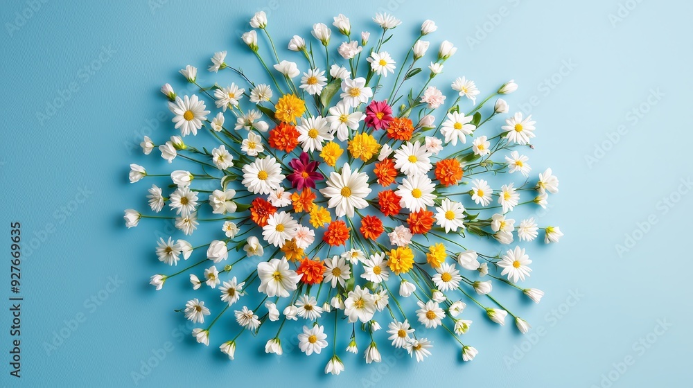 Sticker White and Yellow Flowers on Blue Background.