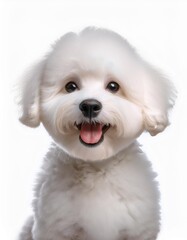 笑顔のビションフリーゼの子犬のポートレート（Portrait of a smiling Bichon Frise puppy on white background）

