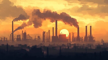 Silhouette of a factory with tall chimneys emitting smoke against a setting sun.