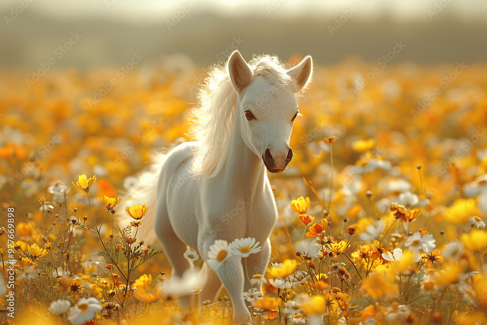 Canvas Prints White Foal in a Field of Flowers