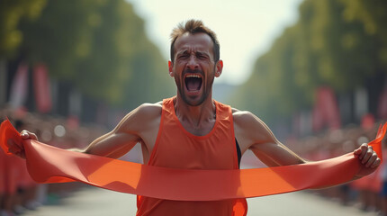 Triumphant Marathon Runner Crossing Finish Line: Emotional Victory in Competitive Sports Event