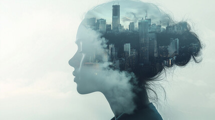 A captivating double exposure image blending the profile of a woman with a vibrant cityscape. The city lights and skyscrapers merge seamlessly with the contours of her face.