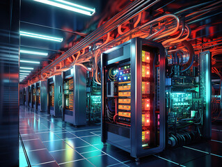 Amazing A long hallway with a large amount of server racks on it