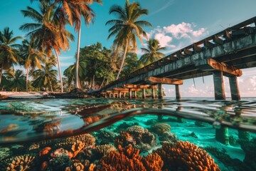 Obraz premium A wooden pier juts out over crystal-clear turquoise water with palm trees and coral reefs.