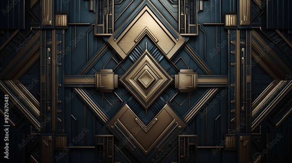 Poster a complex geometric art deco pattern featuring metallic elements in gold and dark blue. the design i