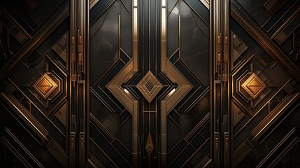 A detailed abstract art deco background featuring geometric patterns in gold and black. The design includes sharp lines, diamond shapes, and a modern aesthetic.