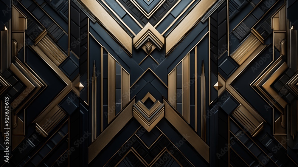 Poster a complex geometric art deco pattern featuring dark and metallic gold elements, creating a modern an