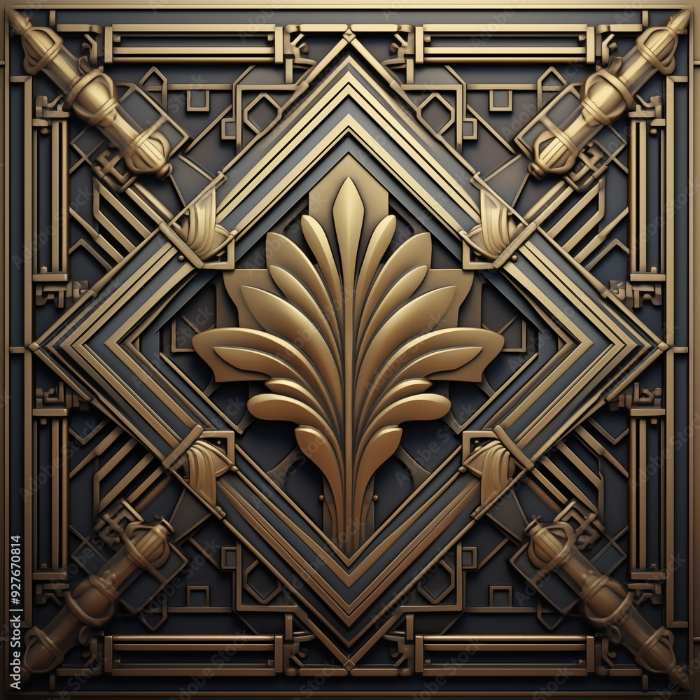 Poster a decorative geometric art deco pattern featuring a central floral motif, crafted in a bronze-like f