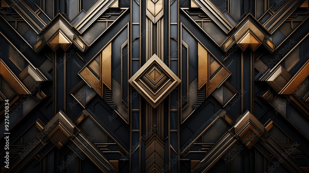 Poster a detailed abstract art deco background featuring geometric shapes and patterns in gold and dark ton