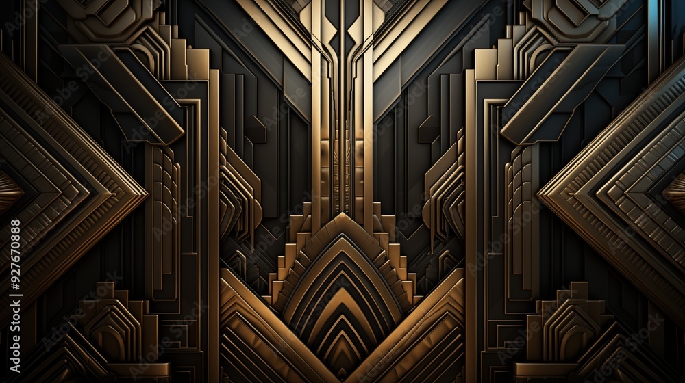 Poster a detailed abstract art deco background featuring intricate geometric patterns in gold and black ton