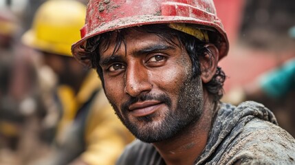 A Construction Worker with a Dusty Red Hard Hat