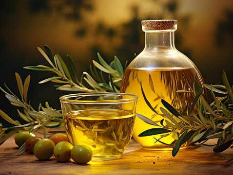 Amazing Olive oil bottle with olves and leaves next