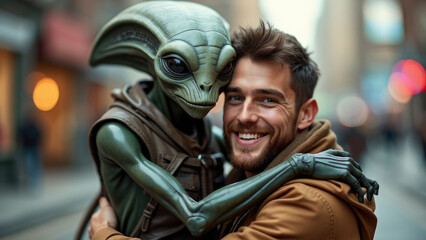 Fototapeta premium A man and his alien friend hugging in an open street and smiling happily at the camera. The vibrant street setting underscores a feeling of acceptance and friendship in public places.