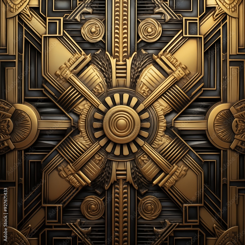 Poster a detailed, art deco ornate wall panel featuring intricate geometric patterns and motifs in gold and