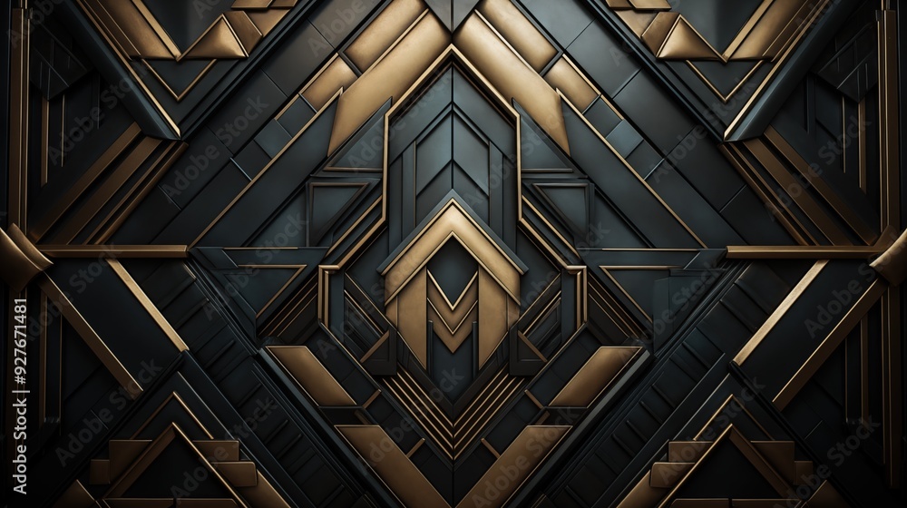 Poster a geometric abstract art deco background featuring intricate patterns in black and gold tones, creat