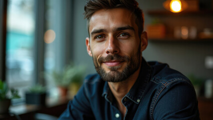Obraz premium A young man, dressed in a casual shirt, smiles warmly while seated in a cozy indoor setting, exuding an aura of relaxation, positivity, and friendly warmth.