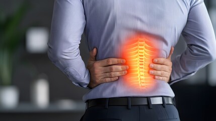 A man experiencing back pain, showcasing spinal health issues, highlighting discomfort in the lower back area.
