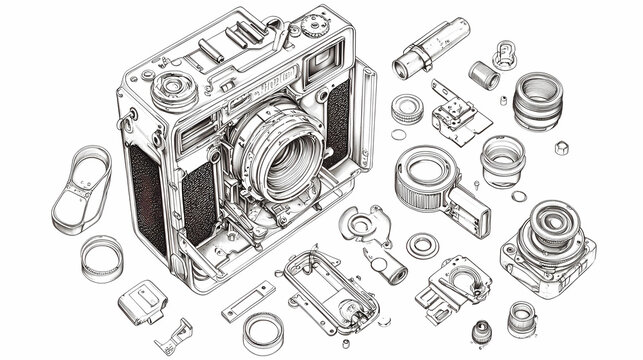 High-Resolution Black and White Line Drawing of Exploded Camera View, Detailed Technical Illustration with Camera Components and Mechanical Assembly Parts