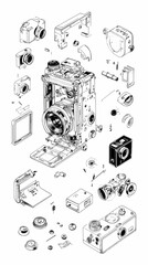 High-Resolution Black and White Line Drawing of Exploded Camera View, Detailed Technical Illustration with Camera Components and Mechanical Assembly Parts