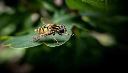Close-up of a hoverfly resting on a green leaf, showcasing detailed wing structure and vibrant...