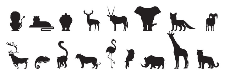 Isolated wild animal collection vector silhouettes.