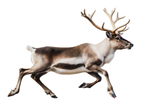 Reindeer running in a snowy landscape, cut out - stock png. - Powered by Adobe