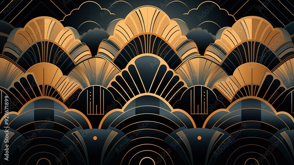Poster a stylized pattern featuring golden fan shapes layered over a dark background, with intricate lines 