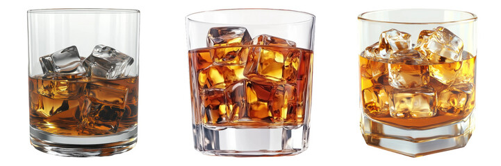 Glass of whiskey with ice cube isolated on transparent background