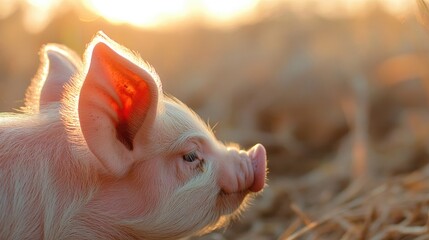A close-up of a pig ear and coarse hair, with the sun casting a warm glow over its pink skin. The background is a soft blur of straw and dirt, emphasizing the piglet's environment.