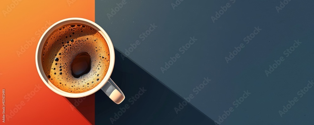 Poster cup of coffee on a colorful abstract background with splashes of color