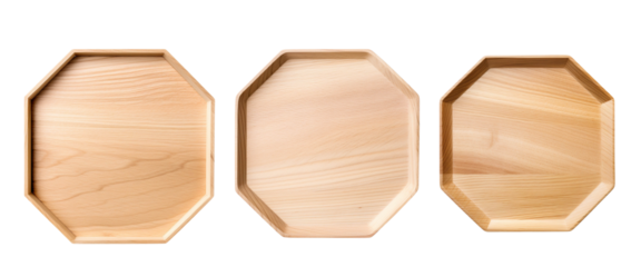 Elegant wooden octagonal trays in varying sizes, perfect for serving or decorative use in the kitchen or dining space.