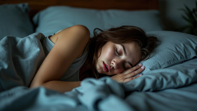 A woman, partially covered by a blanket, lays on her side in a comfortable bed, appearing in a serene and calm atmosphere, suggestive of a peaceful sleep or rest in a cozy bedroom.