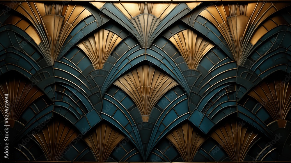 Poster an intricate art deco pattern featuring stylized fan shapes in gold and teal. the design showcases a