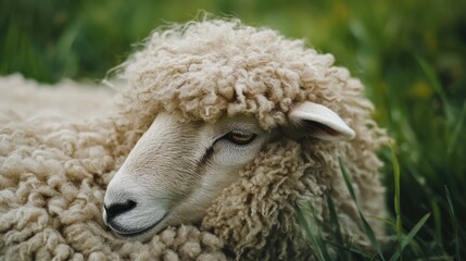 A detailed shot of a sheep's woolly coat, showcasing the texture and natural curls of the fleece, set against a backdrop of vibrant green grass. The scene is serene and people-free.
