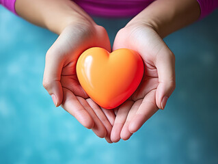 Obraz premium Eyecatching Female hands holds red heart, blue background, Love and donation concept