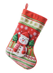 Colorful Christmas stocking with snowman design, cut out - stock png.