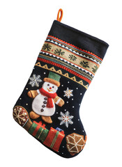 Festive Christmas stocking with snowman design, cut out - stock png.